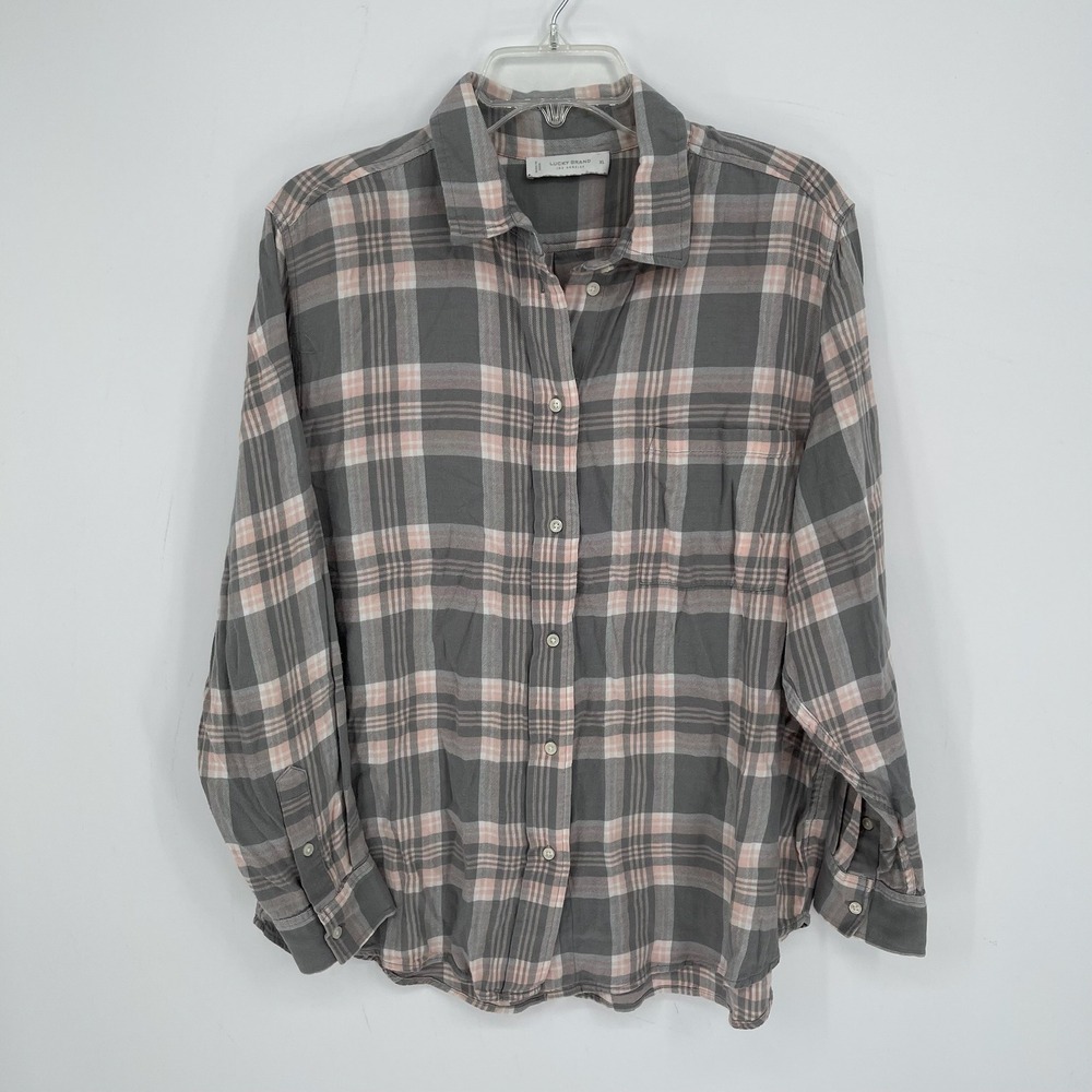 Lucky Brand Women's Gray Pink Plaid Button Down Shirt Size XL
